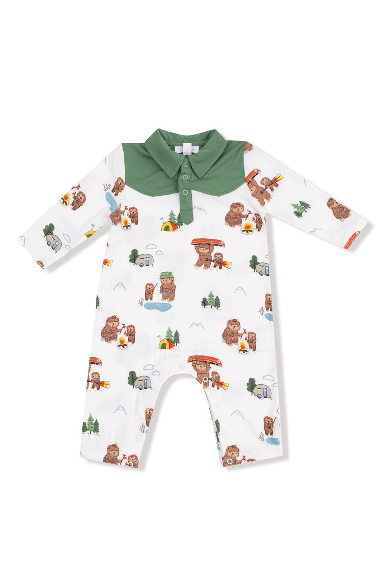 Angel Dear Bigfoot Camping Print Romper, Main, color, Ivory/ Green