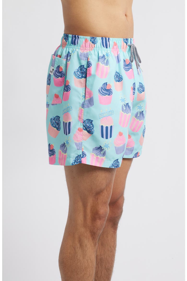 Celebrations Cupcake Print Mid Length Swim Trunks, Alternate, color, BLUE