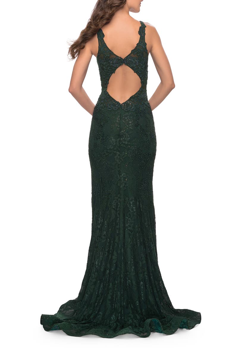 Long Lace Dress with Plunging Neckline, Alternate, color, Dark Emerald