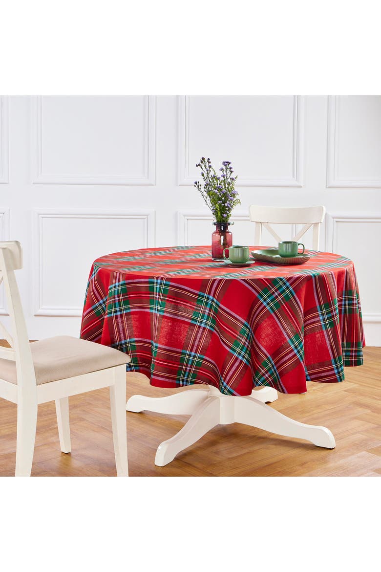 Linen Round Tablecloth - Madras Holiday Plaid, Main, color, Red