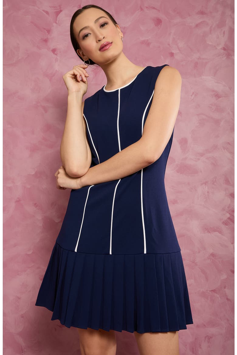Contrast Piped Pleated Dress, Alternate, color, MARITIME NAVY/ SOFT WHITE