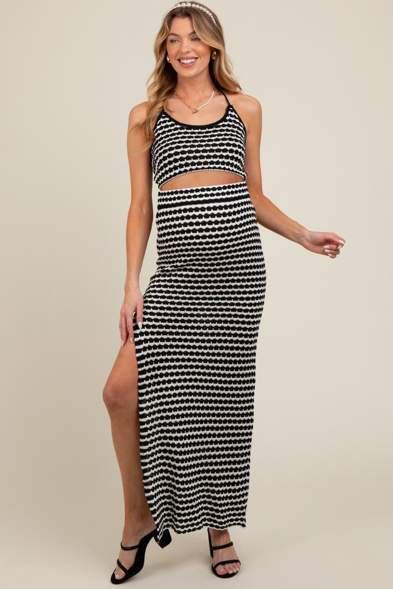 Striped Crochet Crop Swimsuit Cover Up Set, Alternate, color, Black