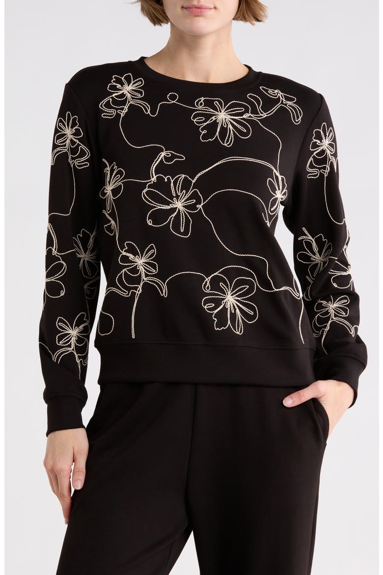 Embroidered Scuba Sweatshirt, Main, color, BLACK/ ECRU EMBROIDERY