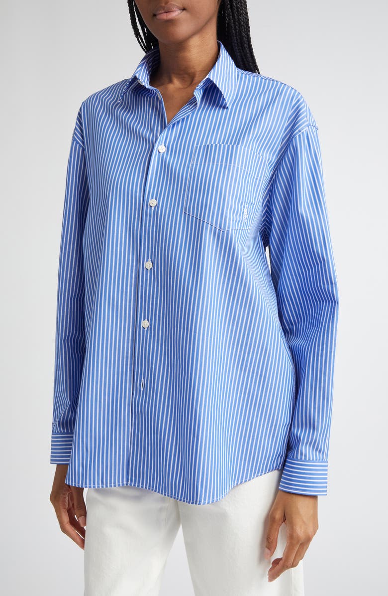 Sporty & Rich SRC Stripe Oversize Cotton Poplin Button-Up Shirt, Alternate, color, Blue Striped