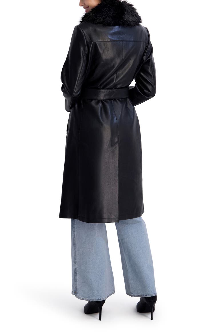 Faux Leather Trench Coat with Faux Fur Collar, Alternate, color, BLACK