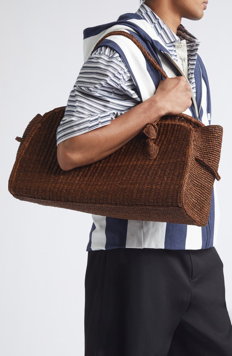 Jacquemus Le Grand Turismo Raffia Bowling Bag, Alternate, color, Camel