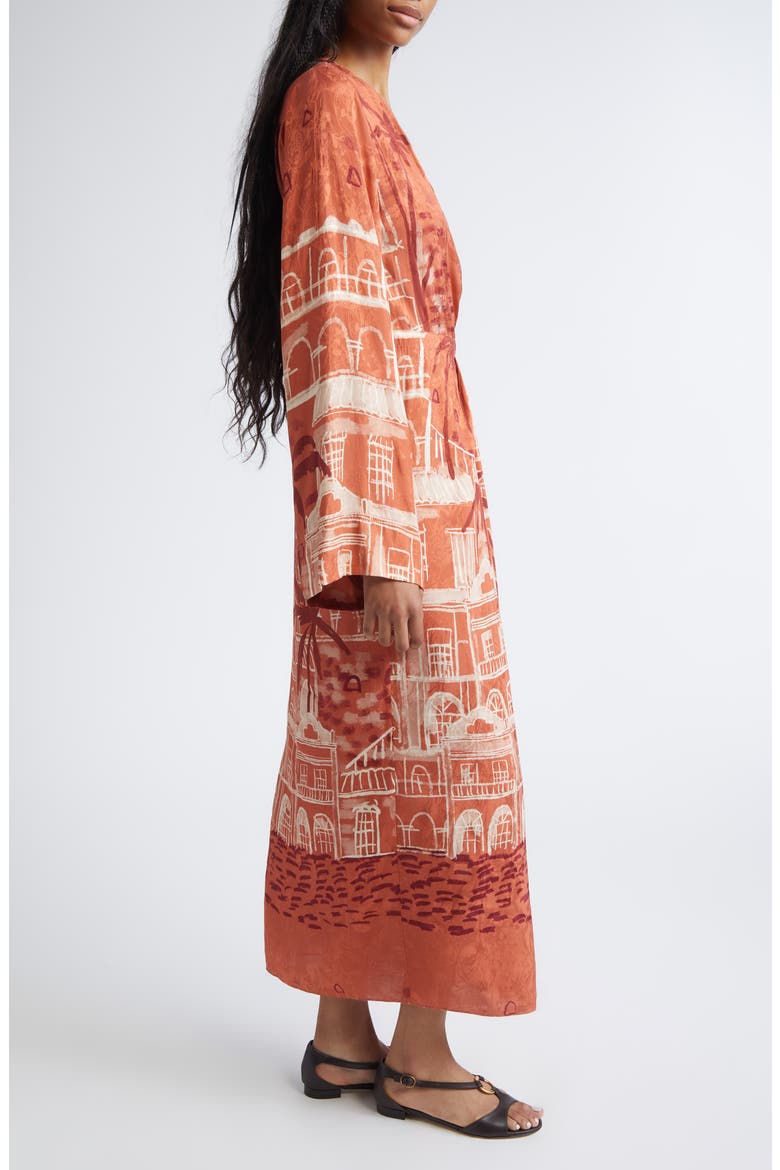 Ollantay Tropical Jacquard Long Sleeve Wrap Dress, Alternate, color, MARSALA / ECRU