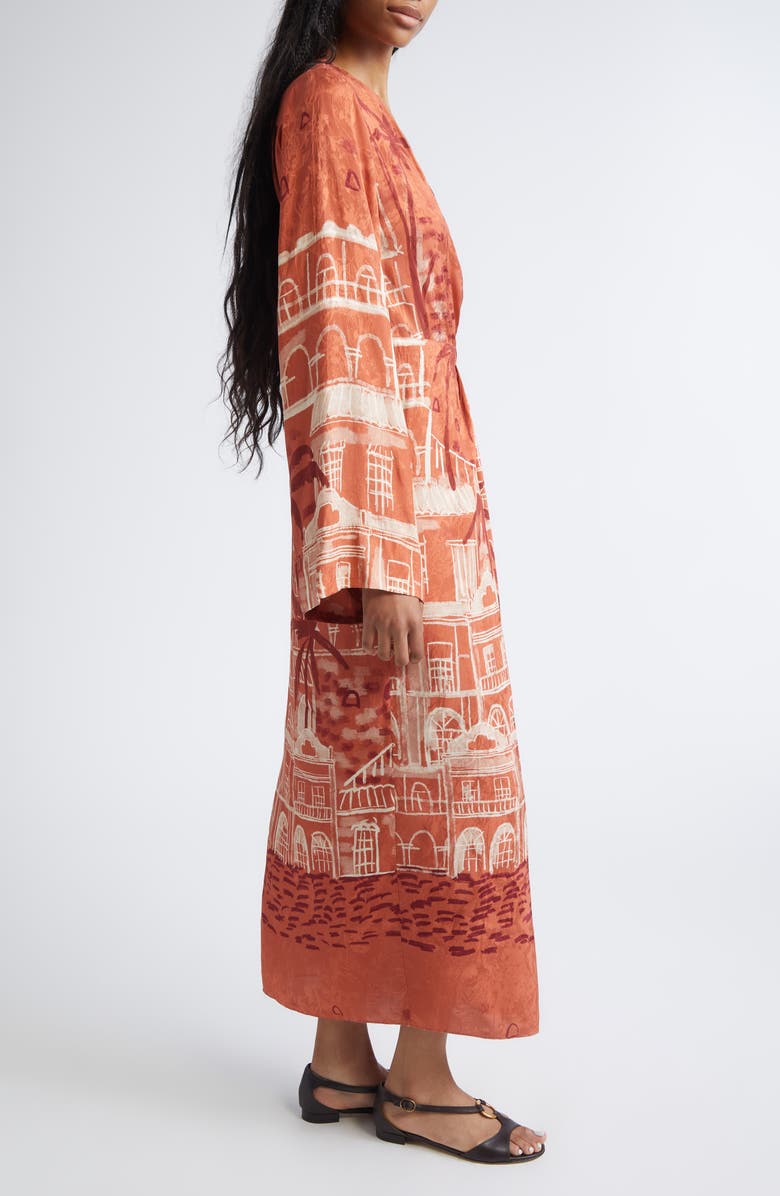 Johanna Ortiz Ollantay Tropical Jacquard Long Sleeve Wrap Dress, Alternate, color, Marsala / Ecru