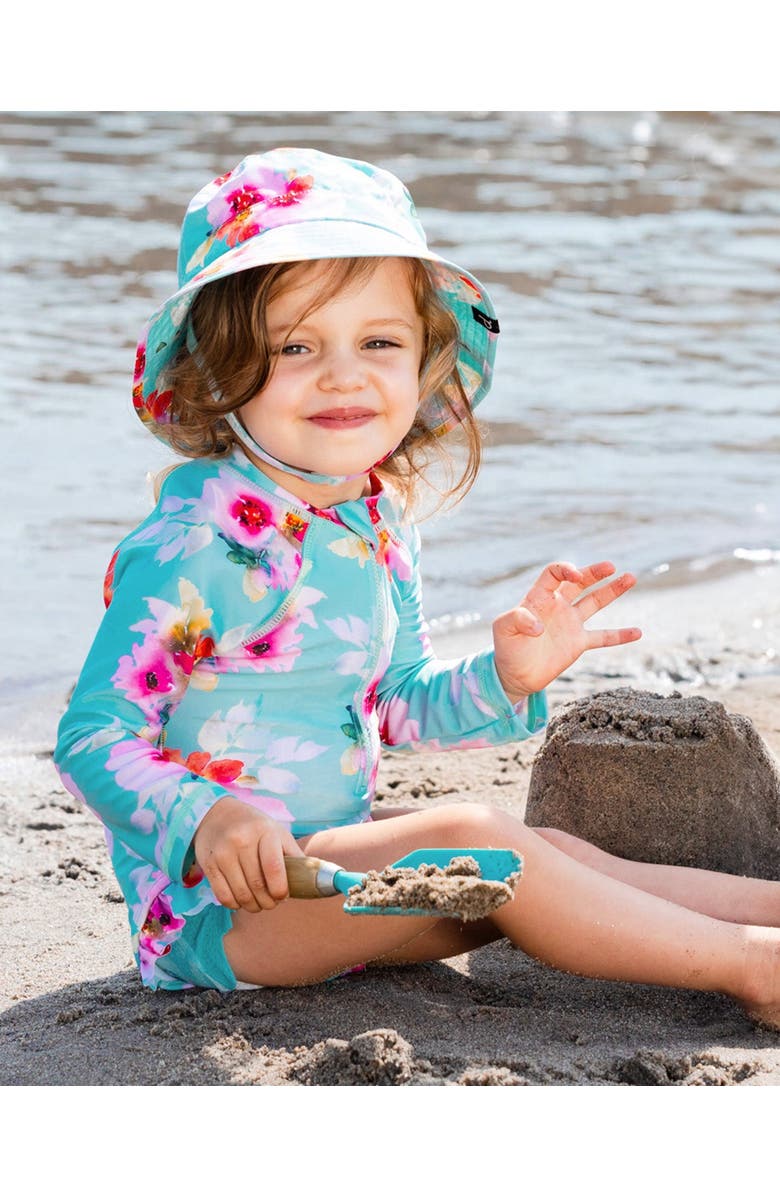 Deux par Deux Little Girl's Printed One-Piece Rashguard With Frills Turquoise And Pink Flowers, Alternate, color,