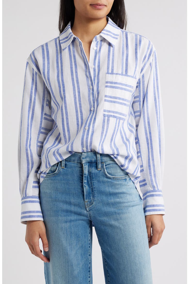 Stripe Linen Blend Button-Up Shirt, Main, color, WHITE- BLUE TARYN STRIPE
