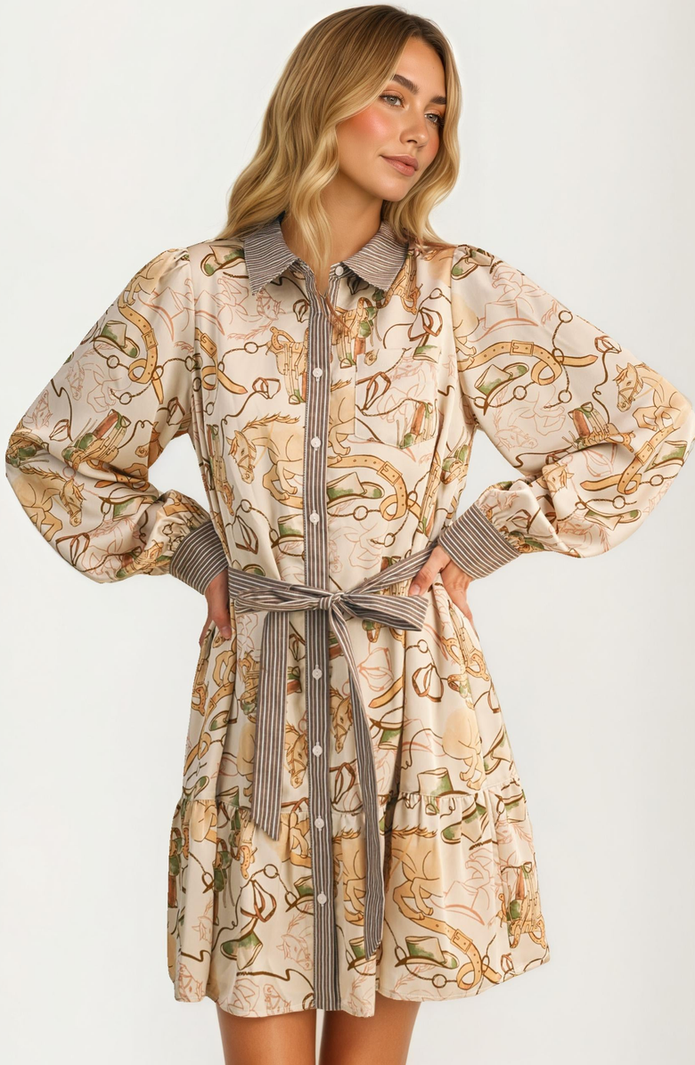 Knit and Lounge Long Sleeve Printed Belted Button Front Shirt Dress, Main, color, 