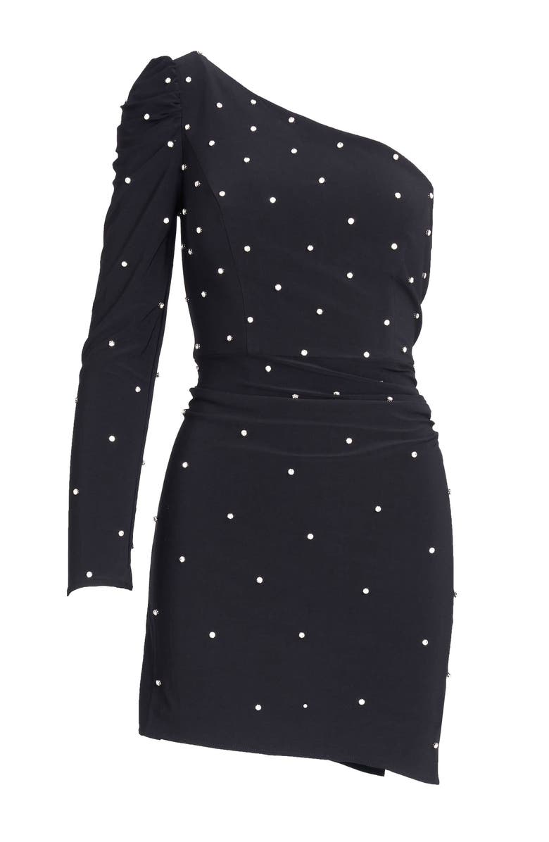 Mac Duggal Rhinestone Encrusted One Shoulder Long Sleeve Mini Dress, Alternate, color, Black