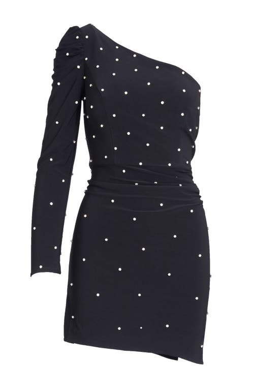 Mac Duggal Rhinestone Encrusted One Shoulder Long Sleeve Mini Dress In Black