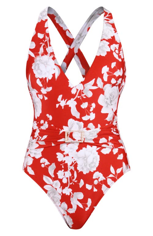 L Agence L'agence Lisa Ikebana Belted Floral One-piece Swimsuit In Rouge