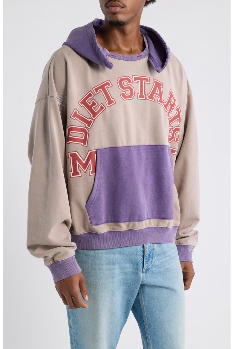 Collegiate Overlap Cotton Hoodie, Main, color, TAN/PURPLE