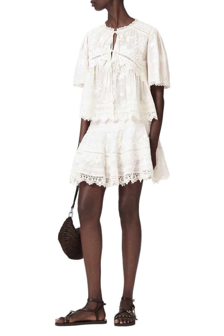 Lillith Floral Embroidered Lace Trim Tie Front Top, Alternate, color, DOVE WHITE