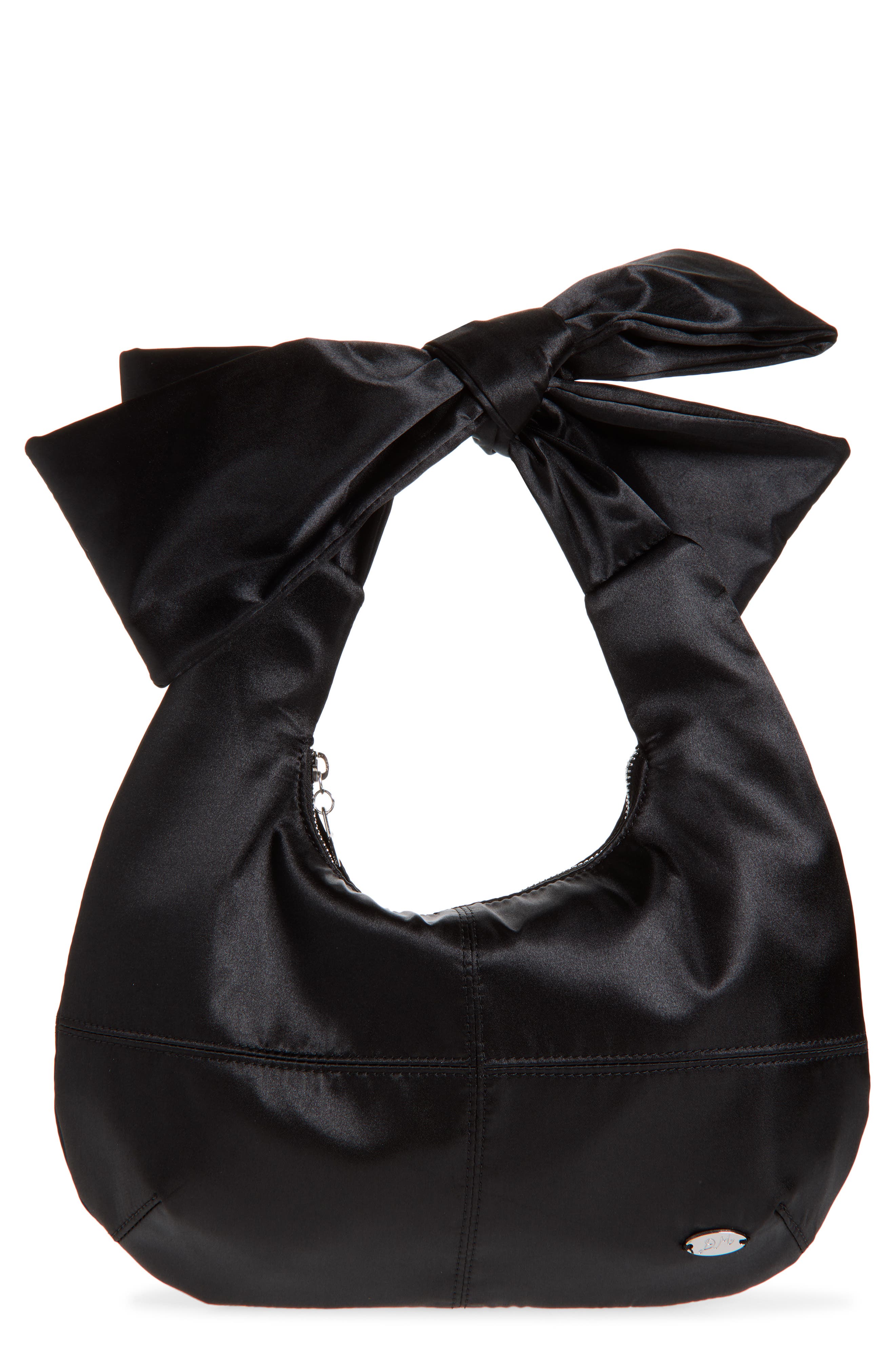 Roo Bow Satin Hobo Bag, Main, color, BLACK