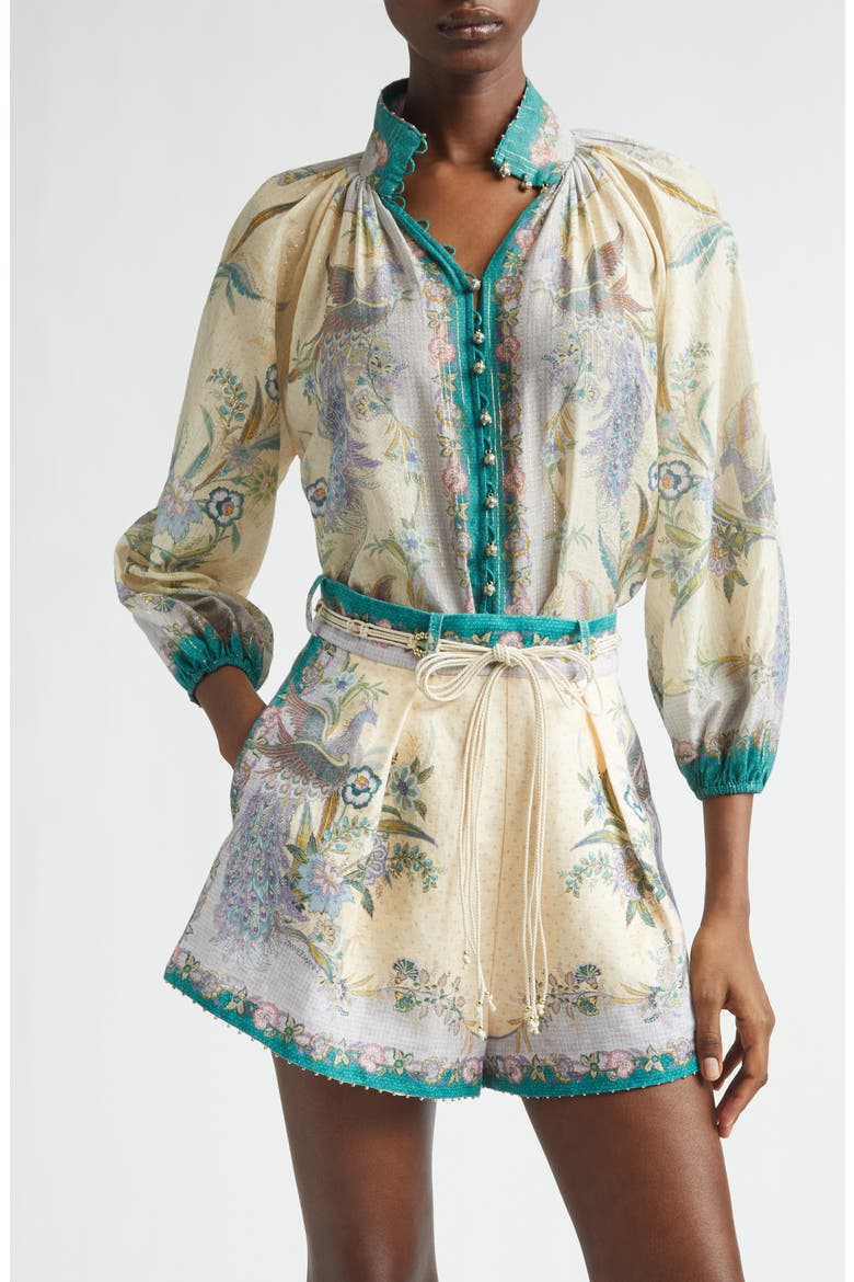 Indra Metallic Stripe Cotton & Silk Billow Top, Main, color, CREAM SCARF FLORAL