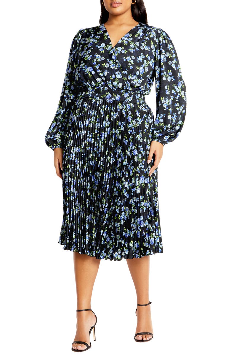 City Chic Finley Pleated Long Sleeve Dress, Main, color,