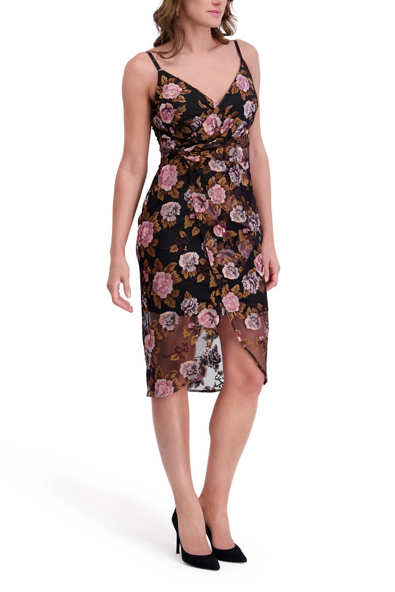 Faux Wrap Embroidered Mesh Midi Dress, Alternate, color, BLACK MULTI
