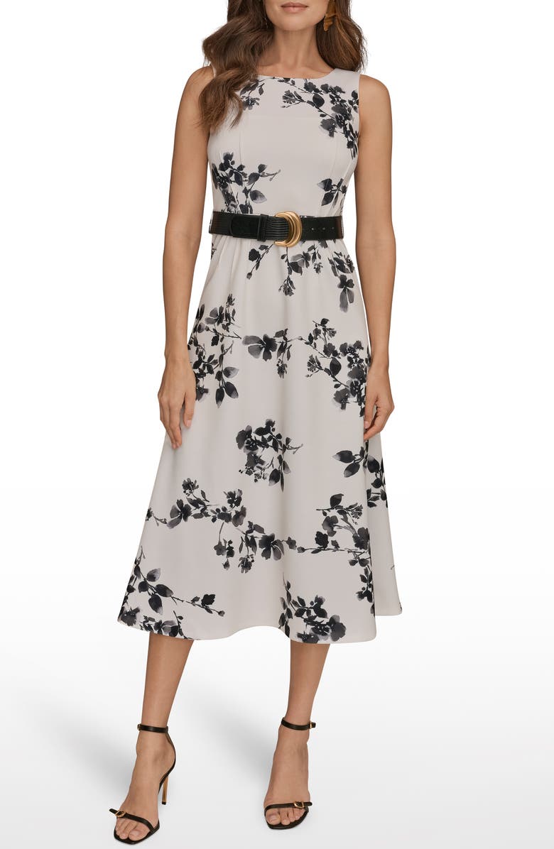 Donna Karan New York Belted Floral Print Midi Dress, Main, color, Cream/ Black Multi