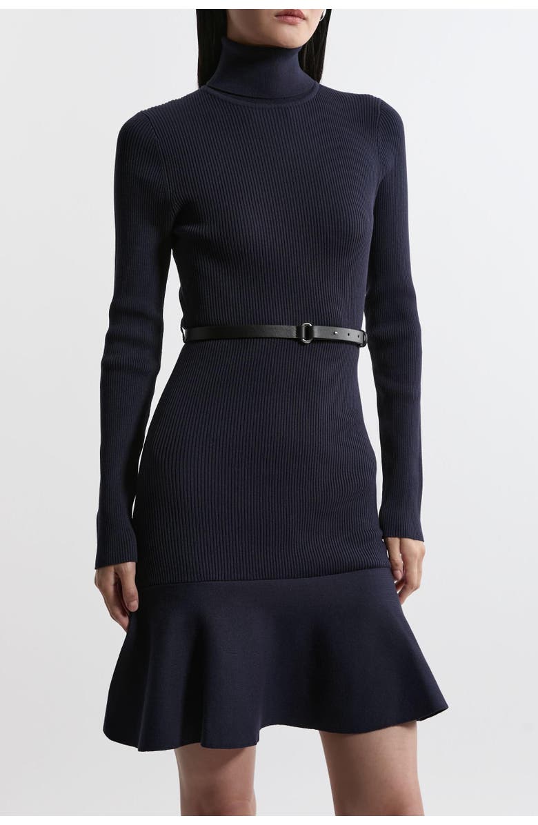 Karen Millen Roll Neck Belted Flippy Hem Mini Dress, Alternate, color, Navy