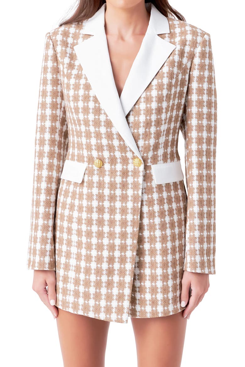 Houndstooth Double Breasted Long Sleeve Blazer Romper, Alternate, color, BEIGE/ GOLD