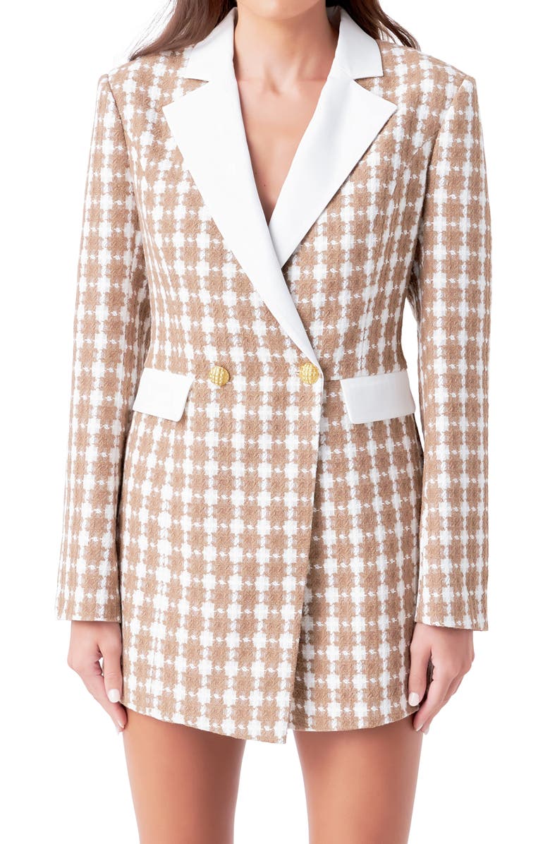 Endless Rose Houndstooth Double Breasted Long Sleeve Blazer Romper, Alternate, color, Beige/ Gold