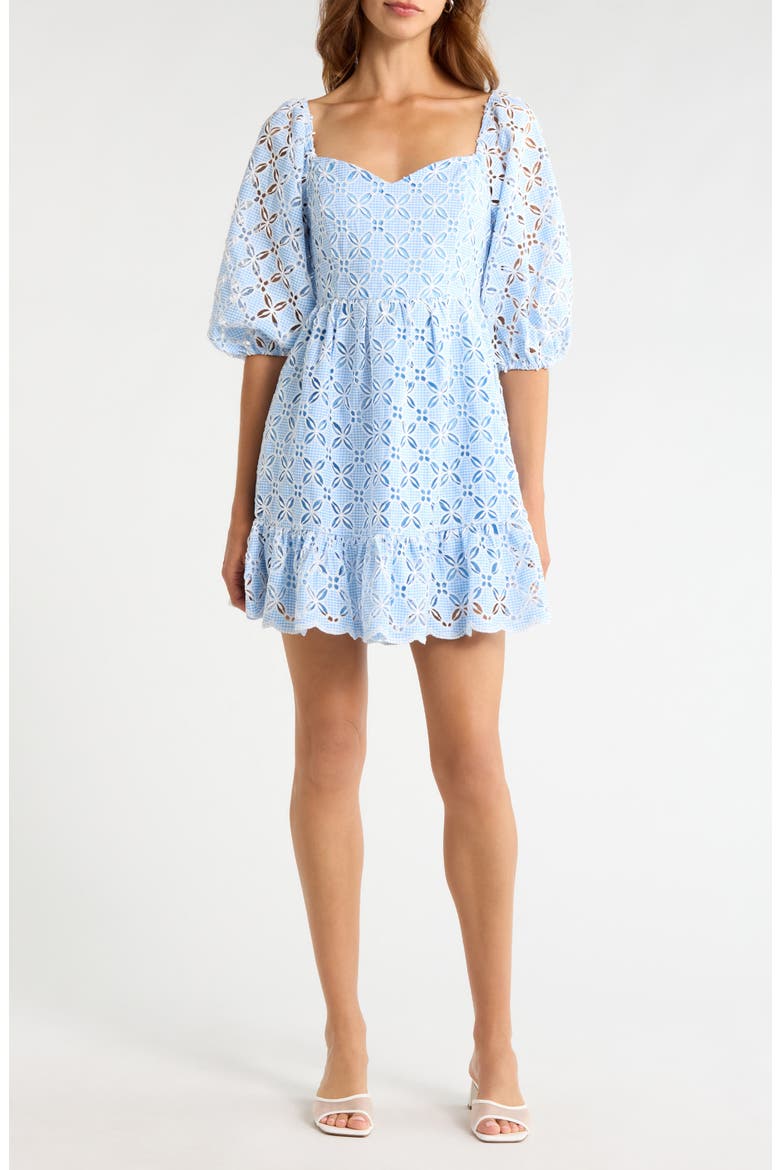 Sequin Detail Cotton Eyelet Babydoll Dress, Main, color, WHITE-BLUE