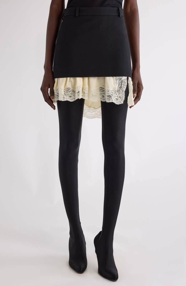 Balenciaga Lingerie Lace Wool Barathea Miniskirt, Main, color, Black