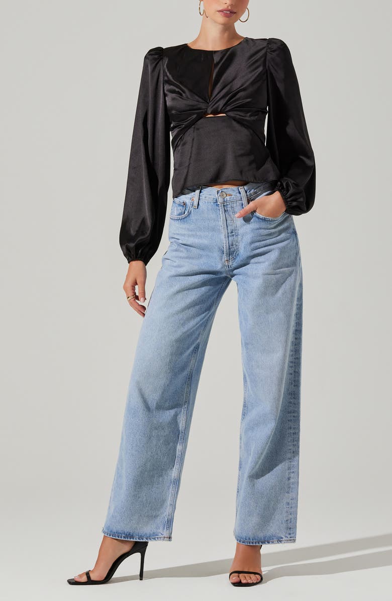 ASTR the Label Twist Front Keyhole Balloon Sleeve Satin Top, Alternate, color, 