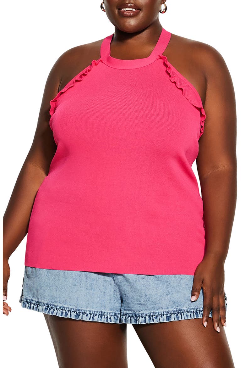 Ruffle Trim Knit Halter Top, Main, color, VIBRANT PINK