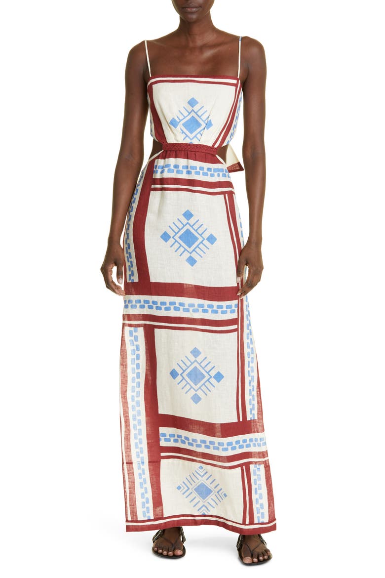 Kay Pacha Abstract Print Linen Maxi Dress, Main, color, CUZCO SAND/ WINE/ COBALT