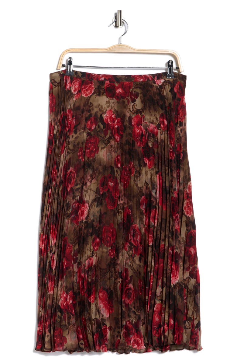 L'AGENCE Fernanda Floral Pleated Midi Skirt, Alternate, color, Army/ Pink Floral Cheetah