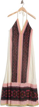 Free People Cubana Border Print Chiffon Halter Maxi Dress