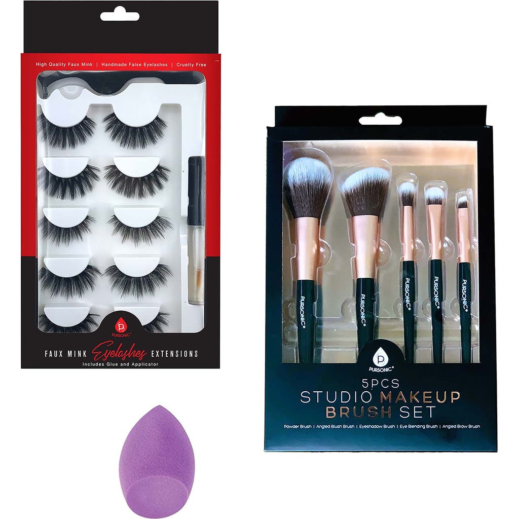 Pursonic Glam Essentials Bundle 3d Faux Mink Lashes, Makeup Sponge & Brush Set In Multicolor
