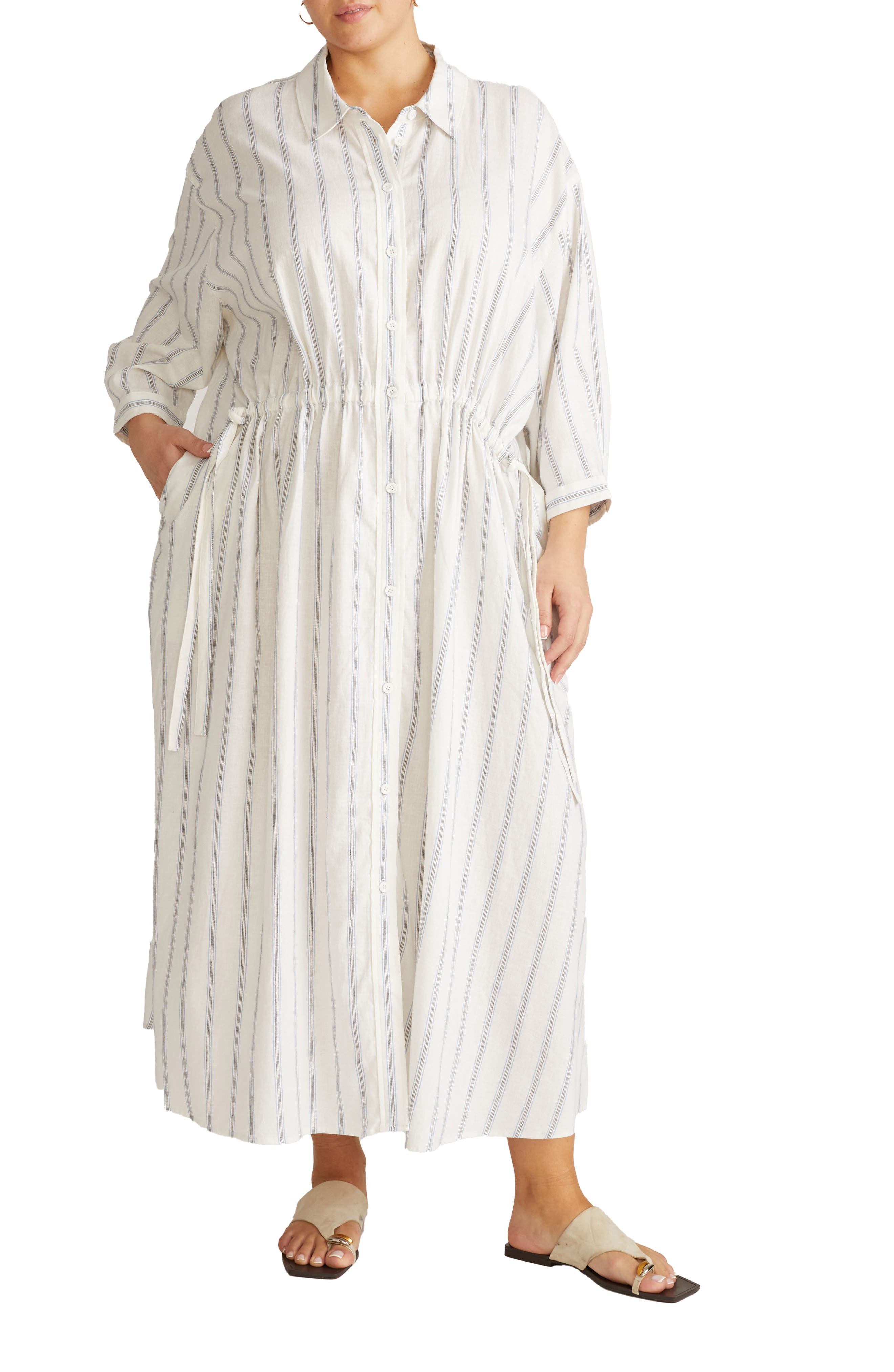 Drawstring Waist Button-Up Linen Blend Shirtdress - image 3
