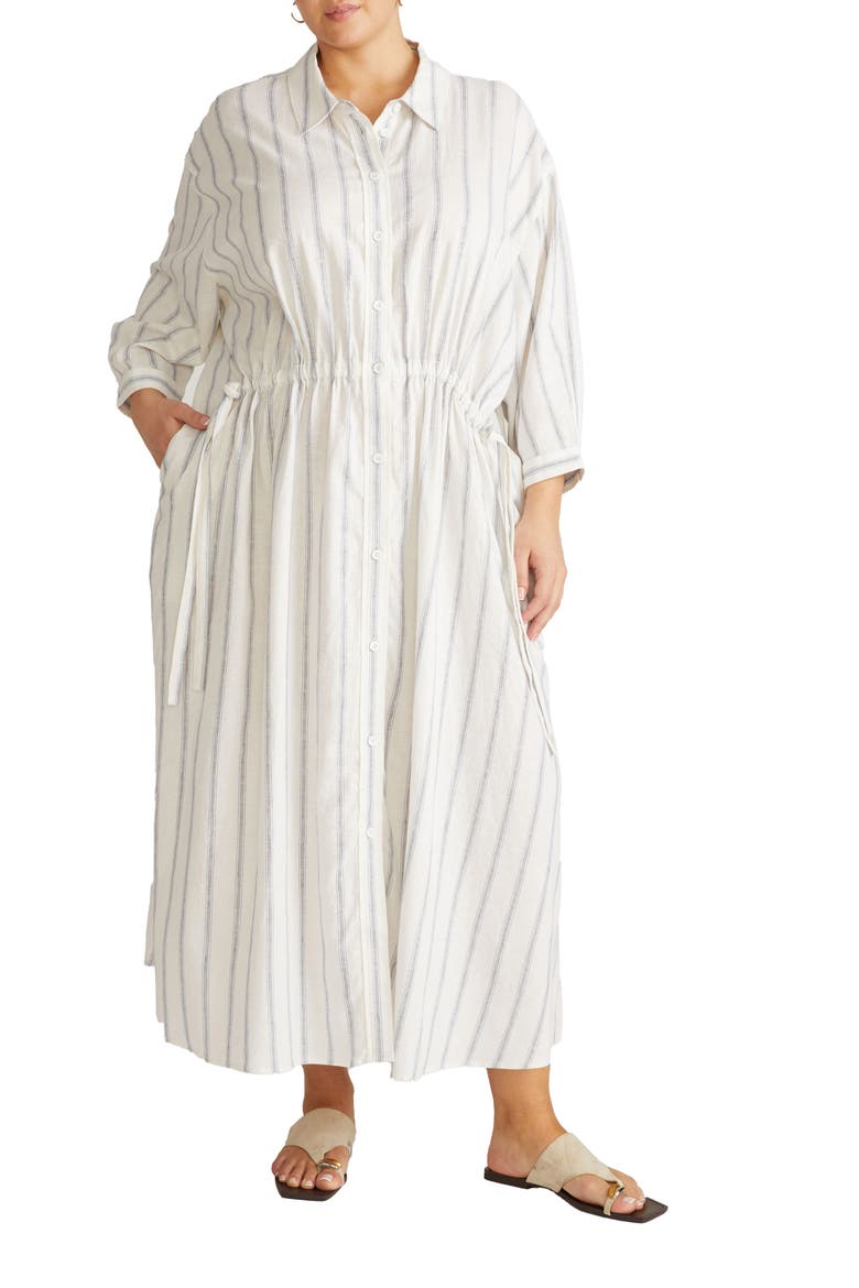 Drawstring Waist Button-Up Linen Blend Shirtdress, Main, color, MAYFAIR STRIPE