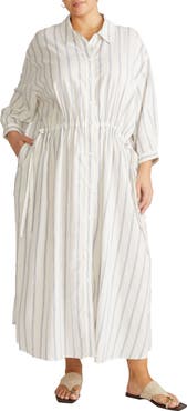 Universal Standard Drawstring Waist Button-Up Linen Blend Shirtdress