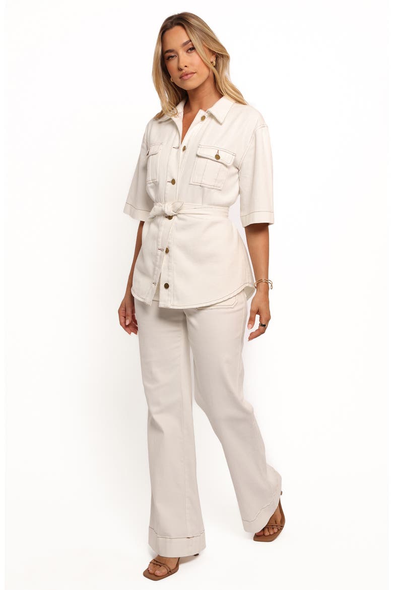 Lepal Belted Denim Short Sleeve Button-Up Shirt, Alternate, color, WHITE