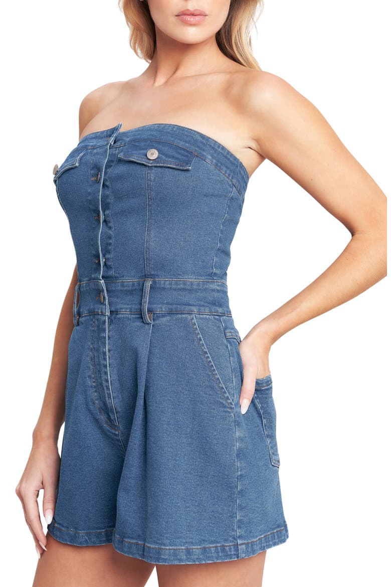 Strapless Denim Romper, Alternate, color, MEDIUM INDIGO