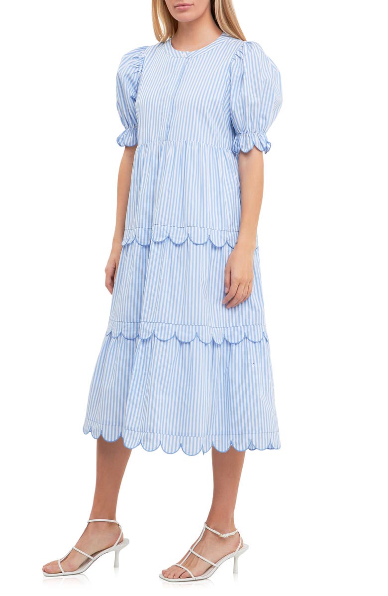 English Factory Stripe Scallop Edge Tiered Midi Dress, Alternate, color, Blue Stripe