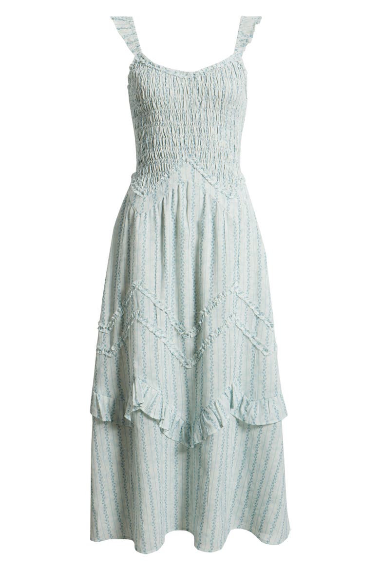 Floral Smocked Bodice Flutter Sleeve Midi Dress, Alternate, color, OFF WHITE/ BLUE