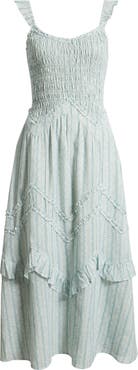 MOON RIVER Floral Smocked Bodice Flutter Sleeve Midi Dress