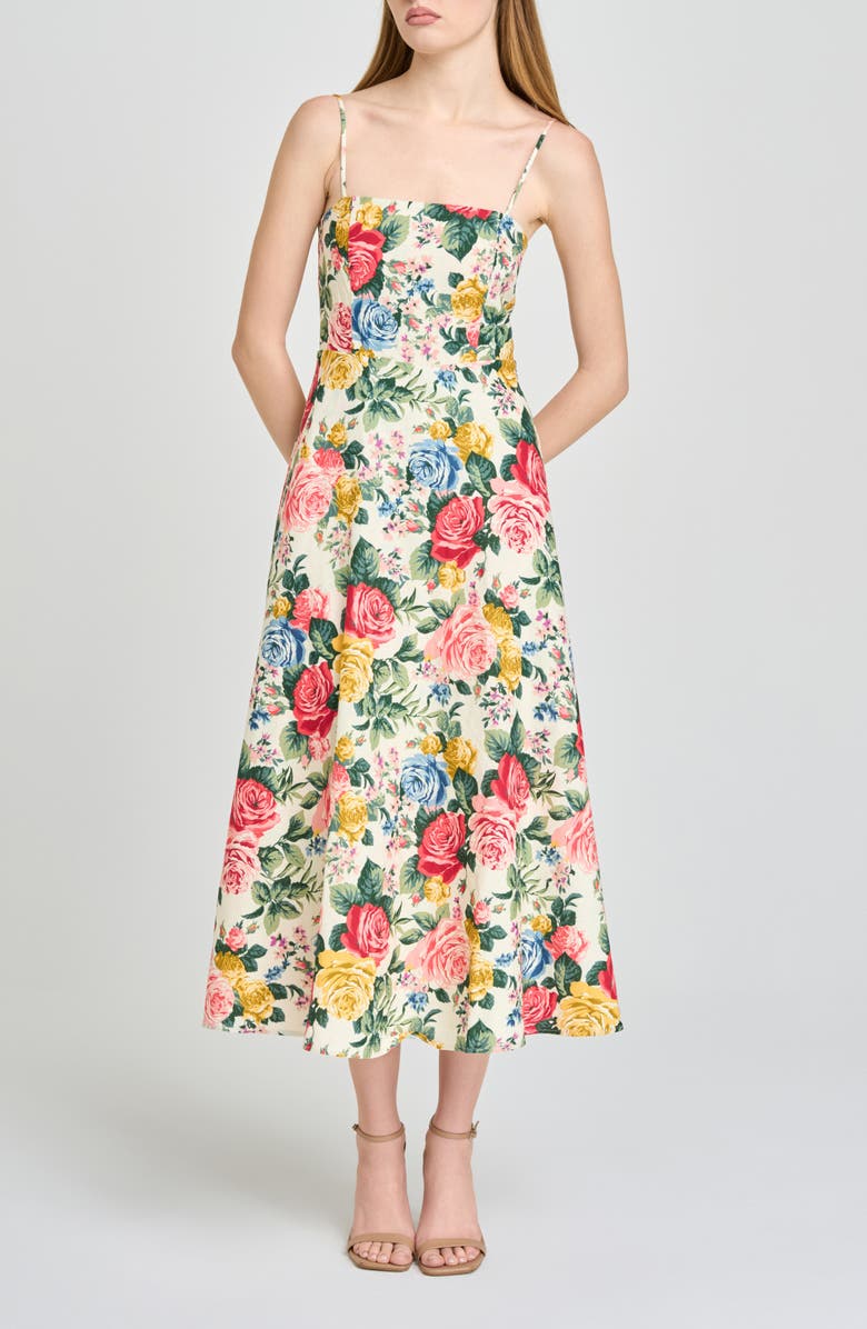 WAYF Josefina Floral Linen Blend Midi Dress, Main, color, Ivory Roses