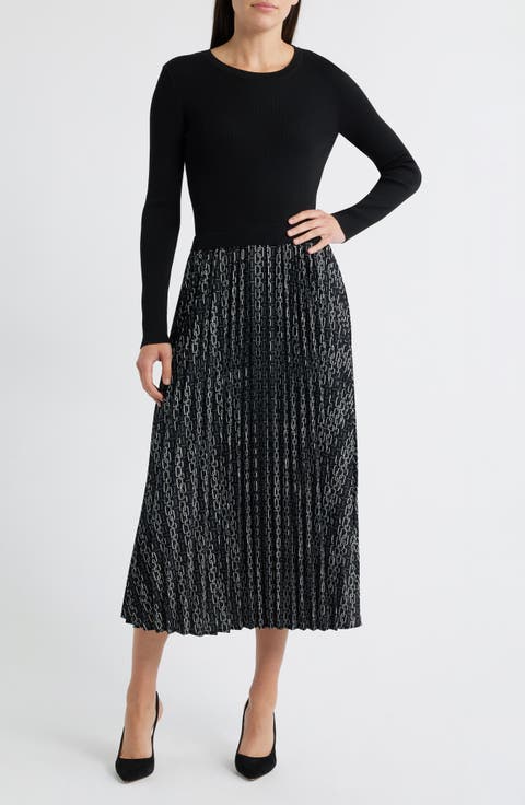 Pleated Long Sleeve Mixed Media Dress