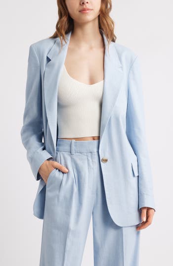 Open Edit Everyday One-button Linen Blend Blazer In Blue