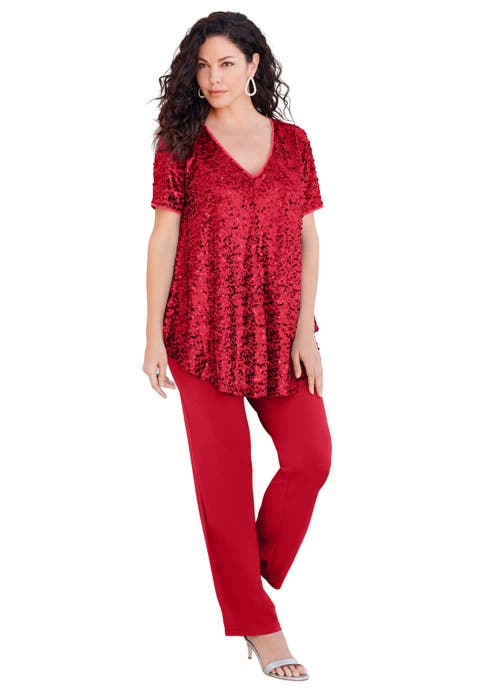 Extended Plus Size 2 Piece S/S Sequin Top And Pant Set