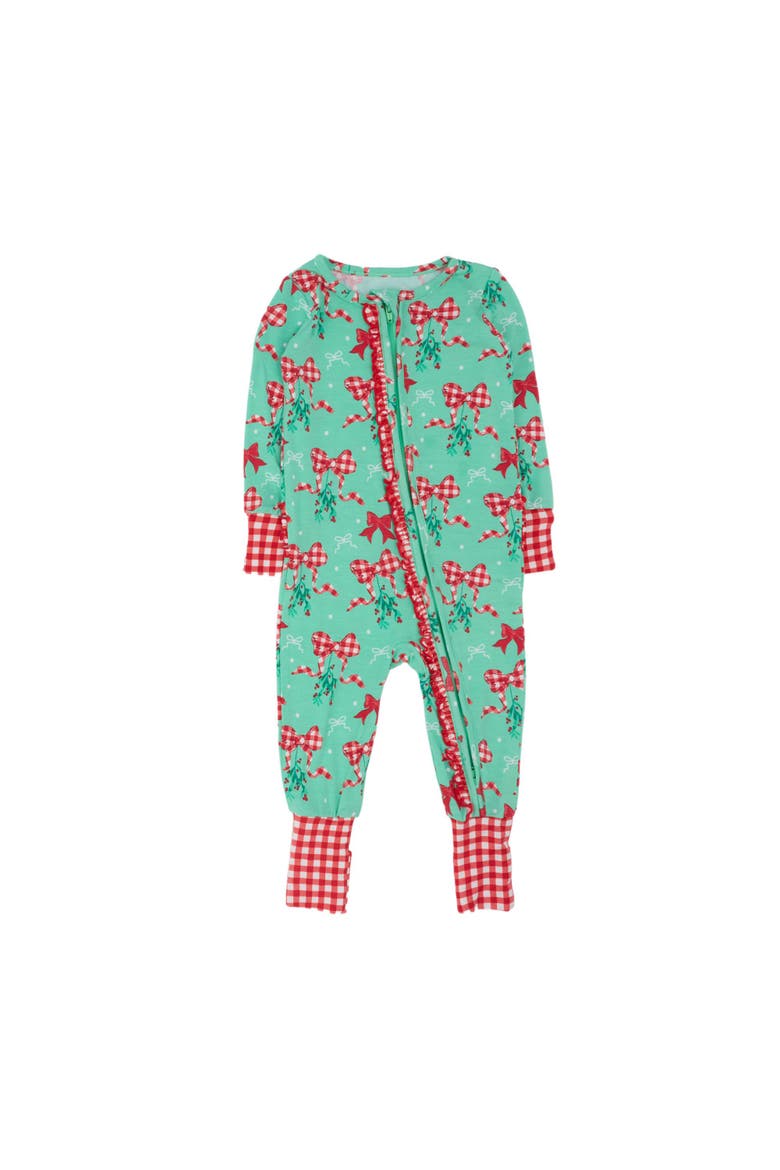 SoftSnooze Holiday Convertible Ruffle One Piece Pajama, Main, color, Mistlebows