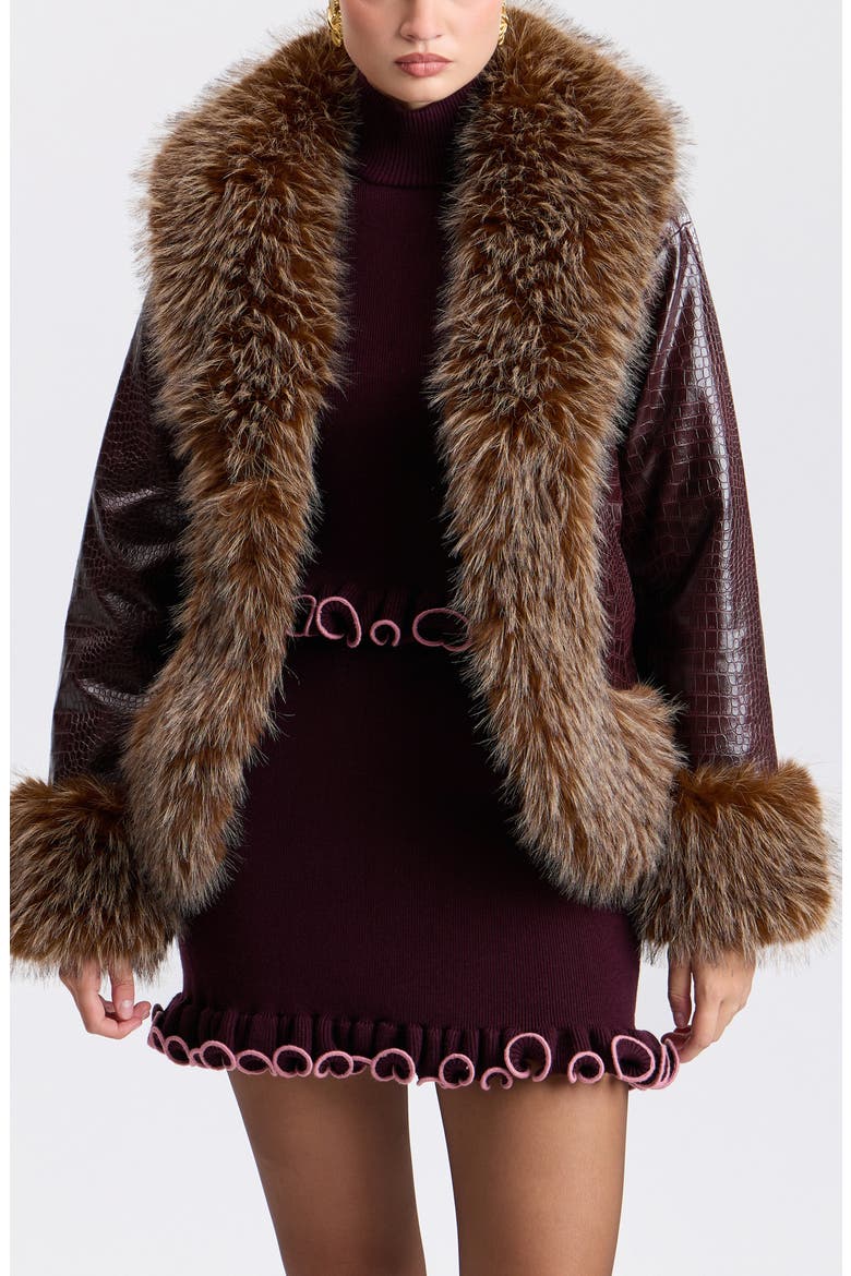 Croc Embossed Faux Leather Coat with Faux Fur Trim, Alternate, color, BORDEAUX